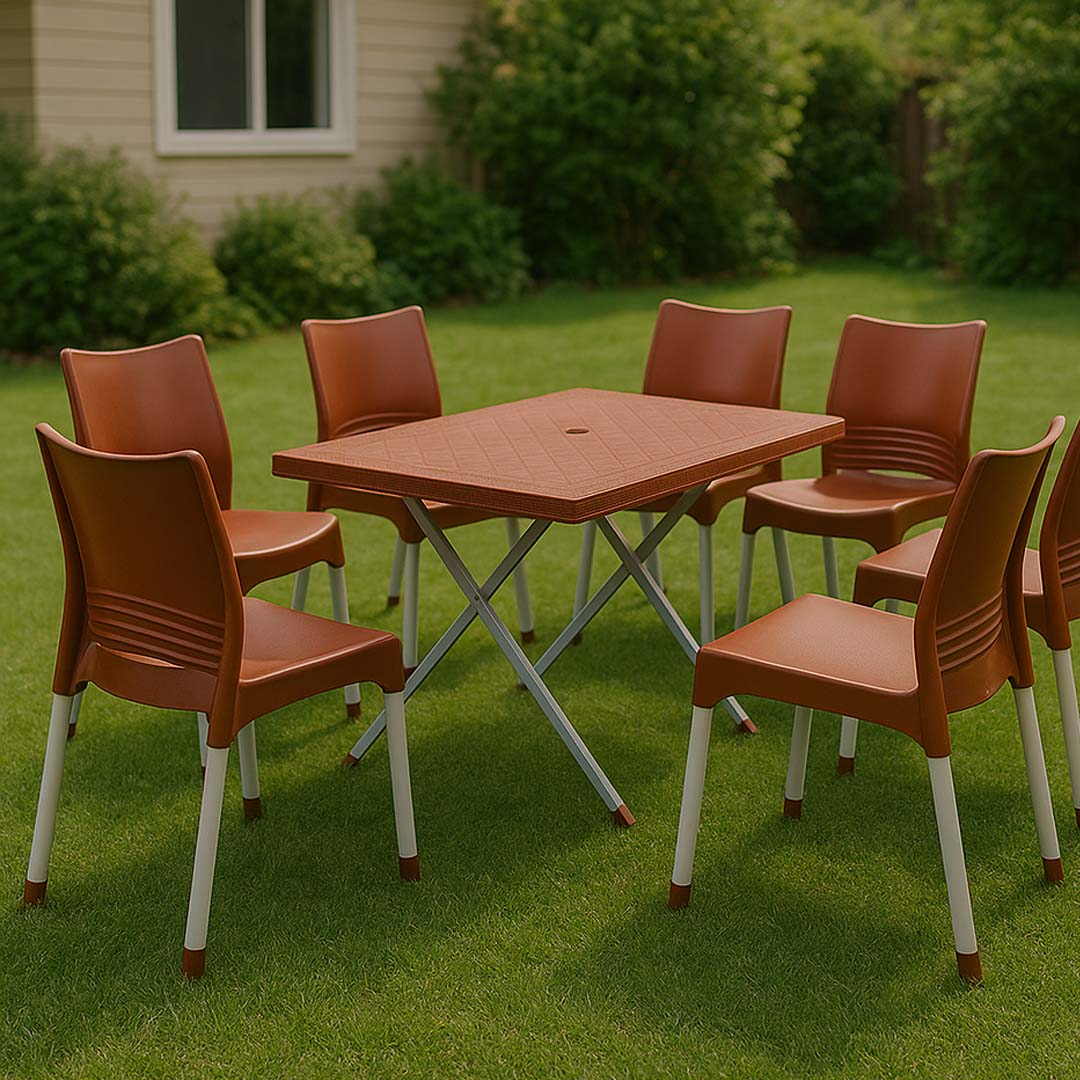 SET OF MAX REST ARMLESS CHAIRS WITH RATTAN TOP TABLE