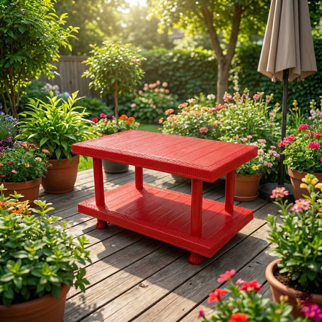 SAAB SP-329 Full Plastic Double Shelf Large Rattan Table