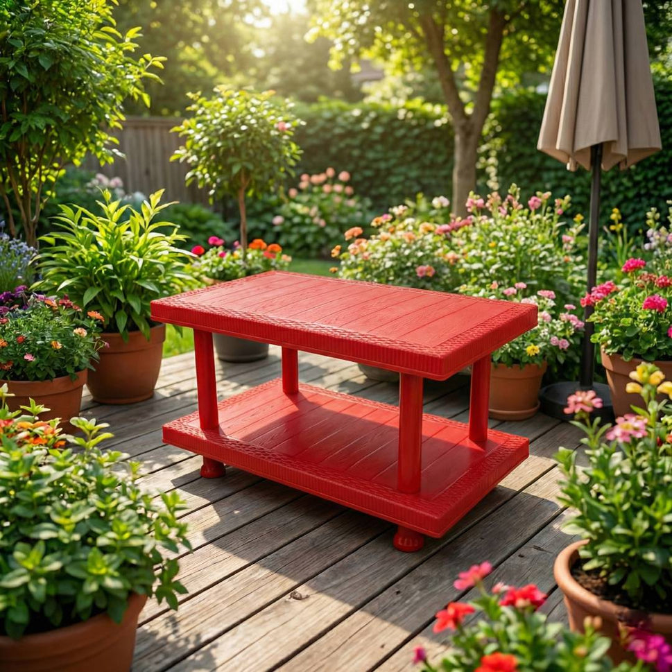 SAAB SP-329 Full Plastic Double Shelf Large Rattan Table