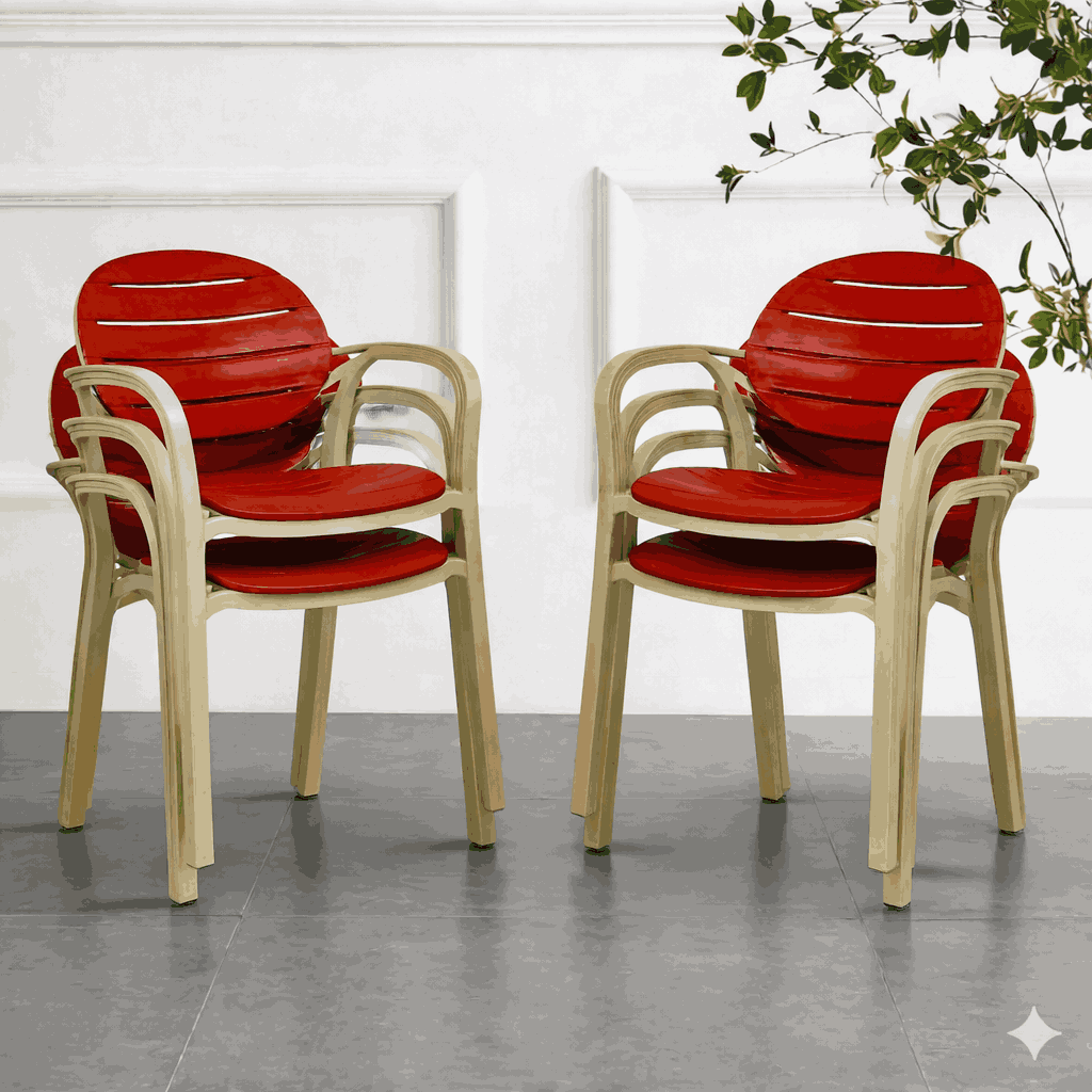 6 red chairs with ash white frames on a gray floor against a white wall