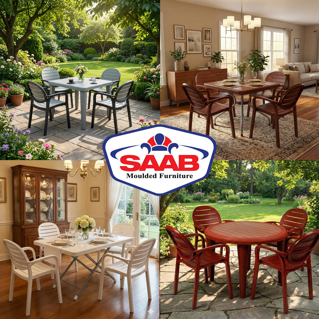 Collage of outdoor and indoor furniture with SAAB Moulded Furniture logo.
