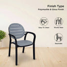 Switch Gray chair with black armrests on a wooden floor, featuring icons and text about finish type and chair features. 2 image