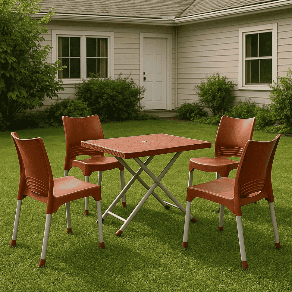 SET OF MAX REST ARMLESS CHAIRS WITH RATTAN TOP TABLE